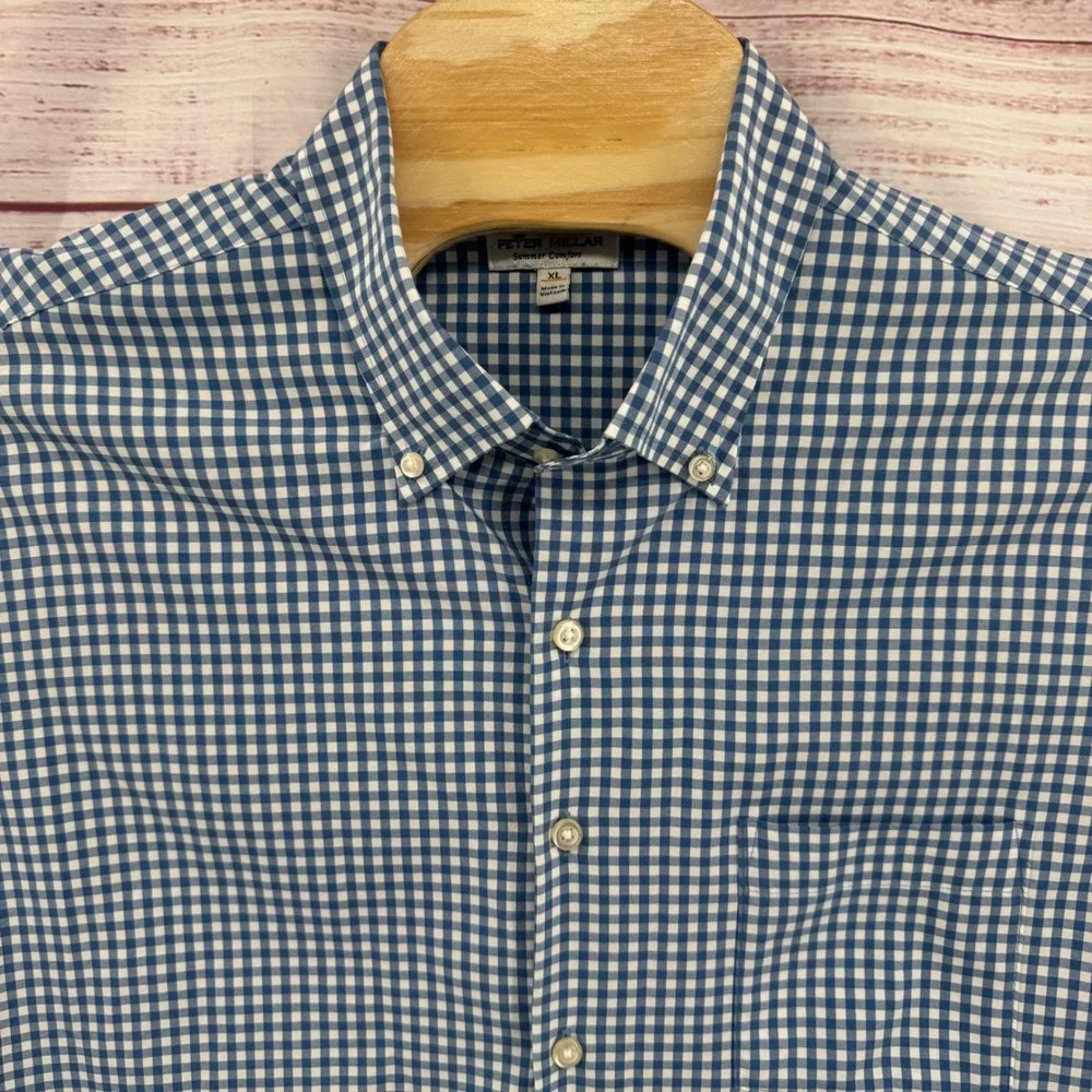 Peter Millar Summer Comfort Shirt Mens XL Blue Gingham PGA Tour Performance - Picture 2 of 10